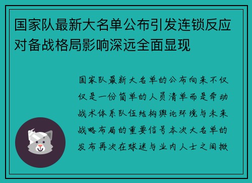 国家队最新大名单公布引发连锁反应对备战格局影响深远全面显现